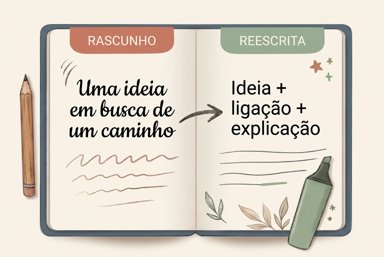 Caderno aberto: um rascunho se transforma em ideia, ligação e explicação.